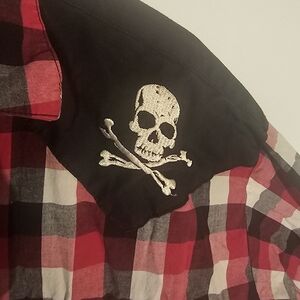 RockSteady Red and Black Plaid Shirt with Skull Embroidery
